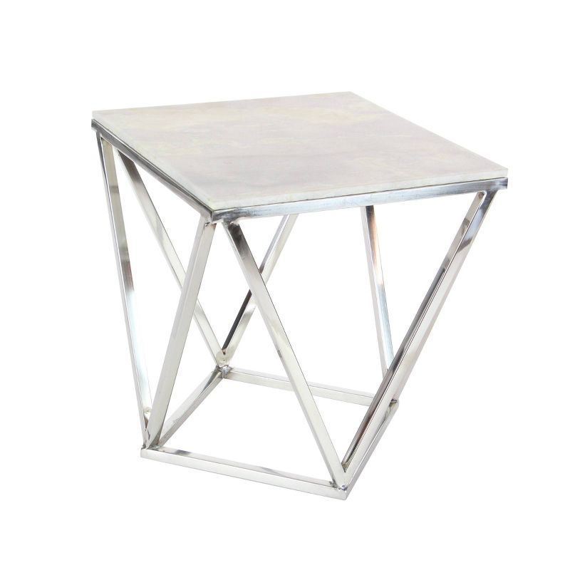 Elegant Silver Stainless Steel & Marble Square Accent Table - 18" x 21"