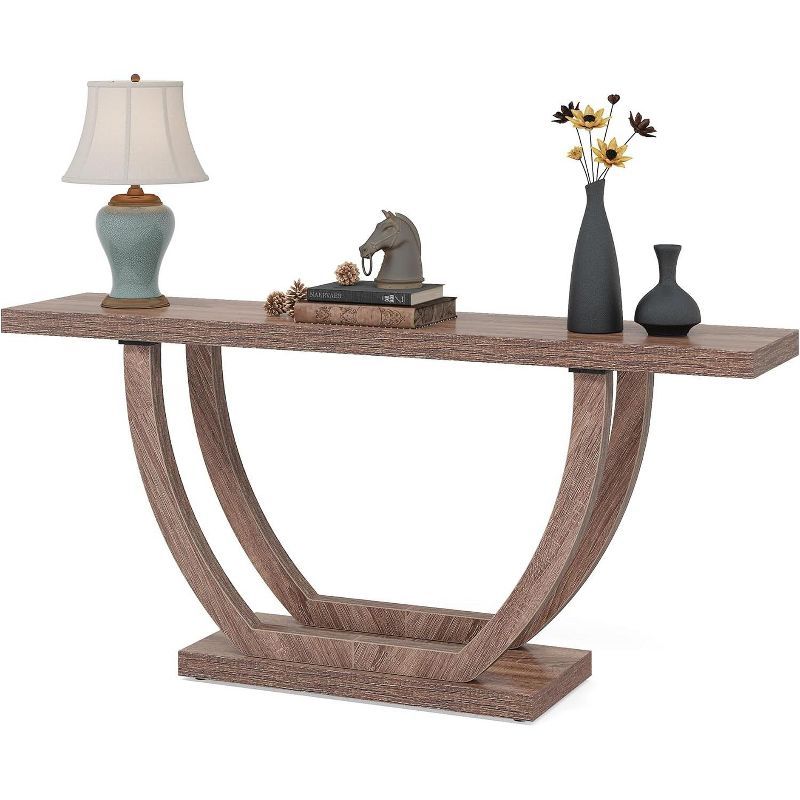 63-Inch Dark Brown Farmhouse Console Table with Geometric Base and Storage