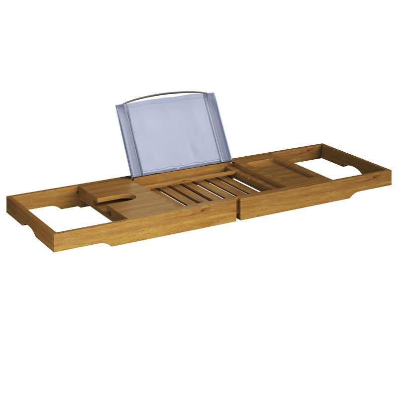 Natural Acacia Wood Extendable Bathtub Tray with Wine Holder