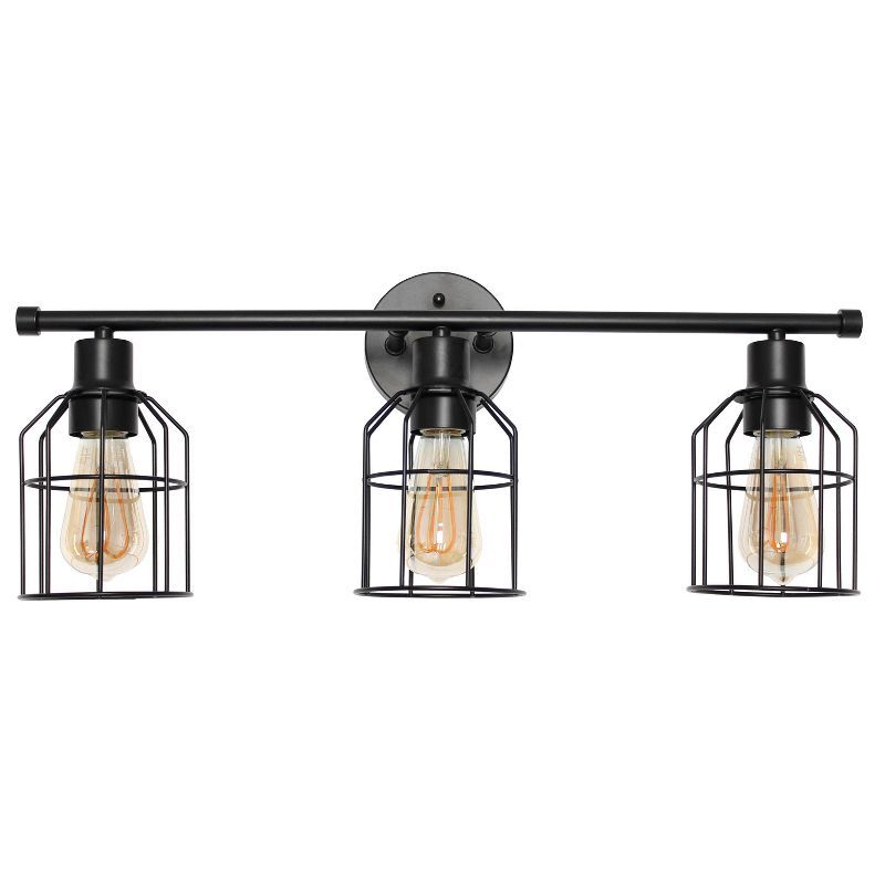 Black Industrial 3-Light Vanity Fixture with Wire Cage Shades