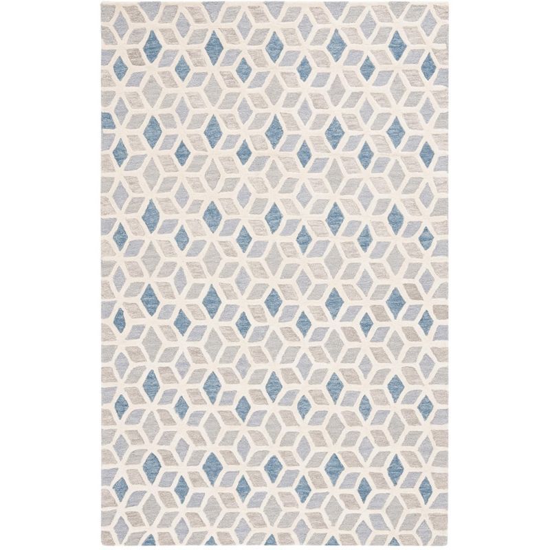 Ivory and Blue Geometric Hand-Tufted Wool Rug, 5' x 8'