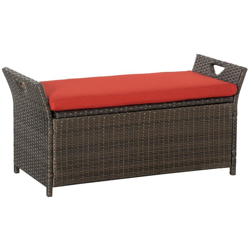 Red PE Rattan Wicker Storage Bench with Cushion