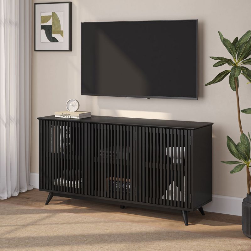 Black Pine Wood Mid-Century Modern Sideboard with Slatted Doors