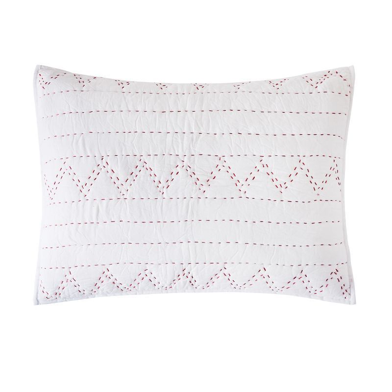 White and Red Cotton Standard Sham with Geometric Pattern