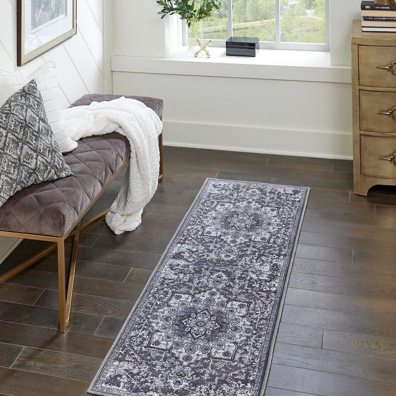 Dark Gray Medallion Washable Chenille Runner Rug