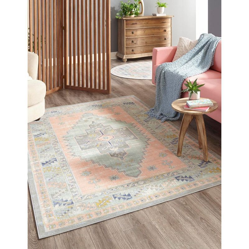 Whitney Pink Rectangular Synthetic Medallion Area Rug, 5x8 ft