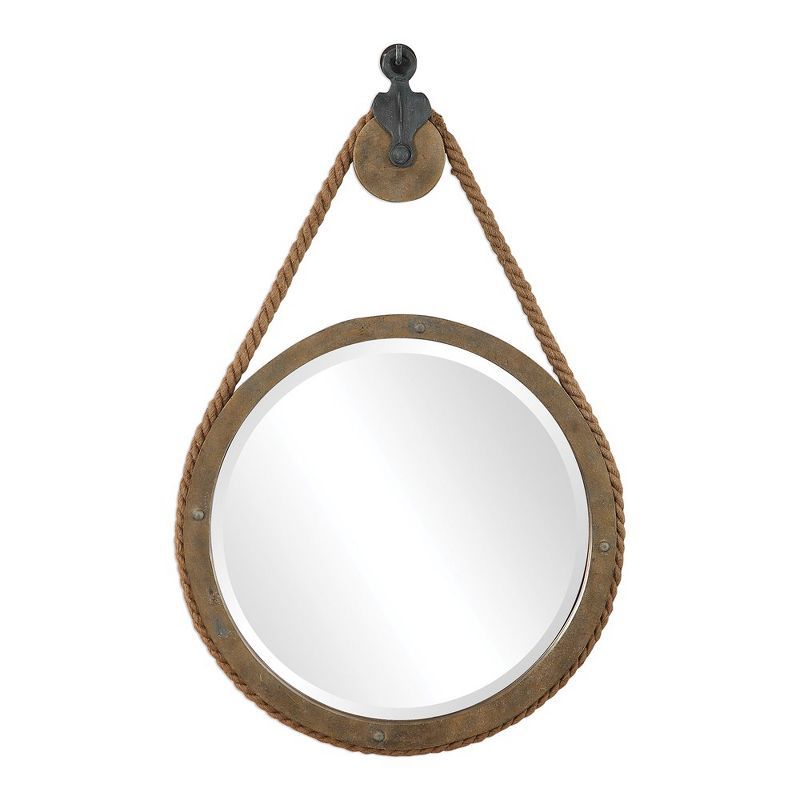 Rustic Round Brown Wood Pulley Mirror with Rope Detail