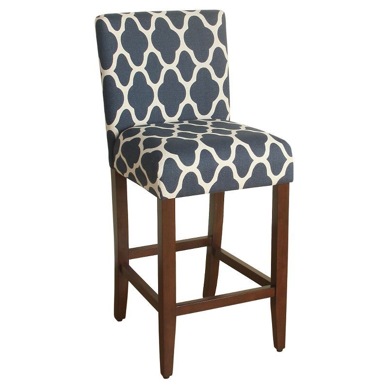 Navy Geo Brights 29" Upholstered Barstool with Dark Walnut Wood Legs