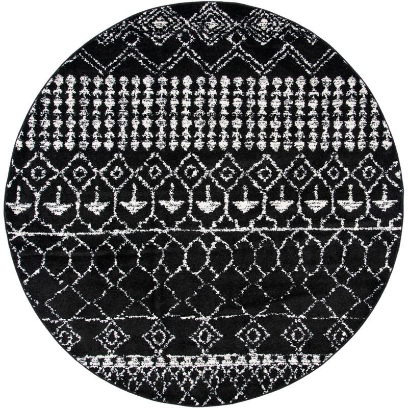 Black and Ivory Round Boho Synthetic Area Rug