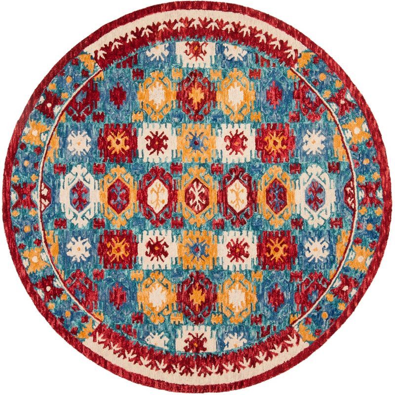 Handmade Blue and Red Wool Geometric Round Rug