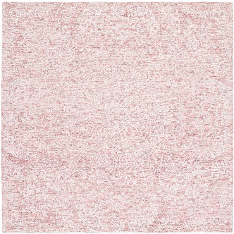 Ivory and Pink Floral Hand-Tufted Wool Square Rug