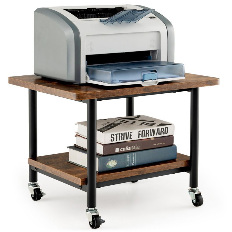 Brown 2-Tier Rolling Under Desk Printer Stand with Metal Frame