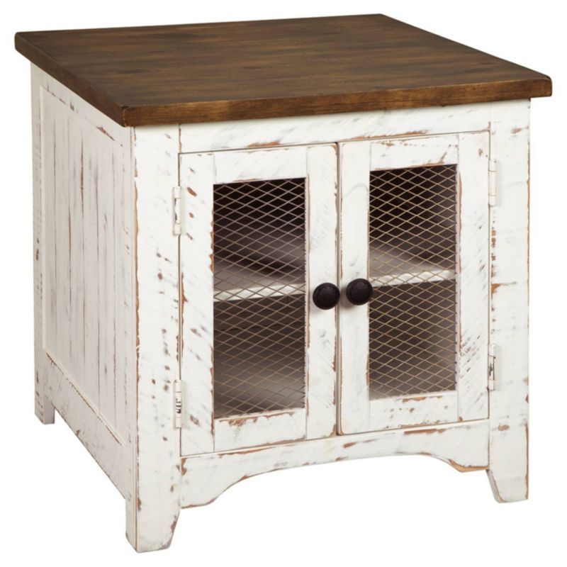 Rustic White and Brown Wood End Table with Storage