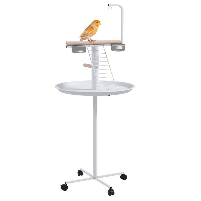 White Steel and Wood Bird Stand with Wheels and Feed Bowls