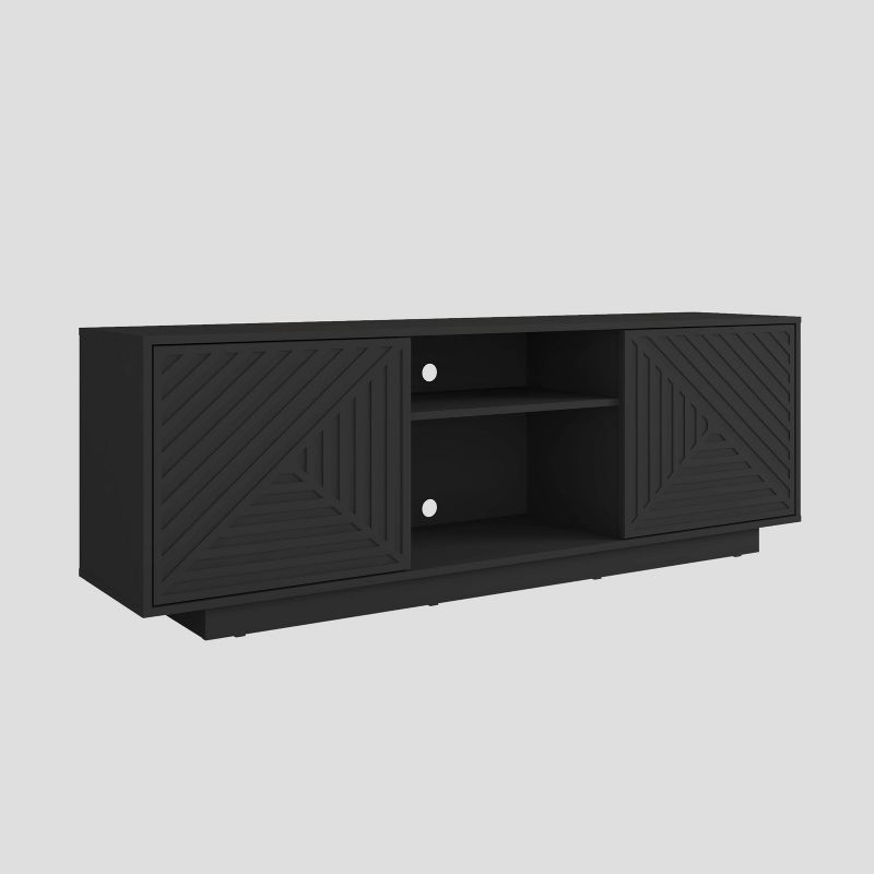 Black Particle Board TV Stand with Chevron Pattern Doors, 63"