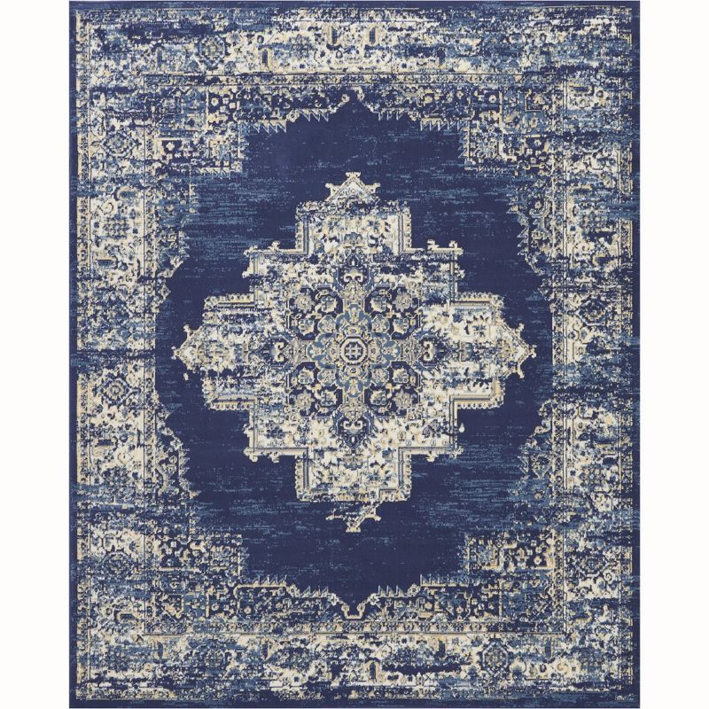 Extra Large Navy Blue Medallion Synthetic Area Rug