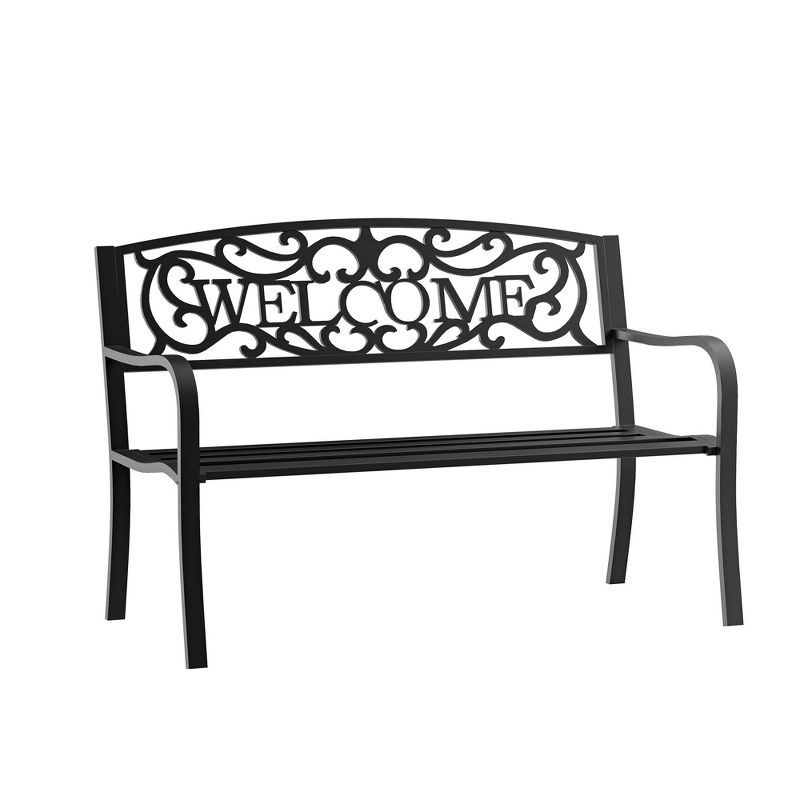 Black 50" Outdoor Metal Welcome Bench with Vine Motifs