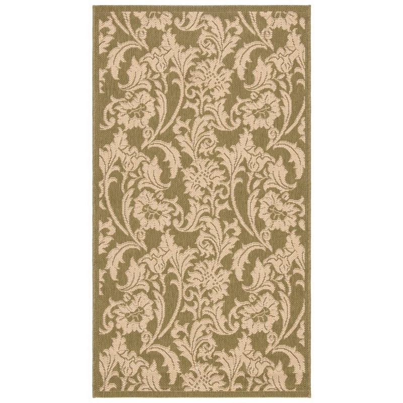 Olive and Cream Floral Synthetic 5' x 7' Area Rug