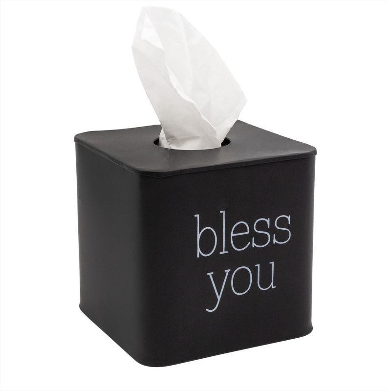 Black Enamel Square Tissue Box Cover with Bless You Text