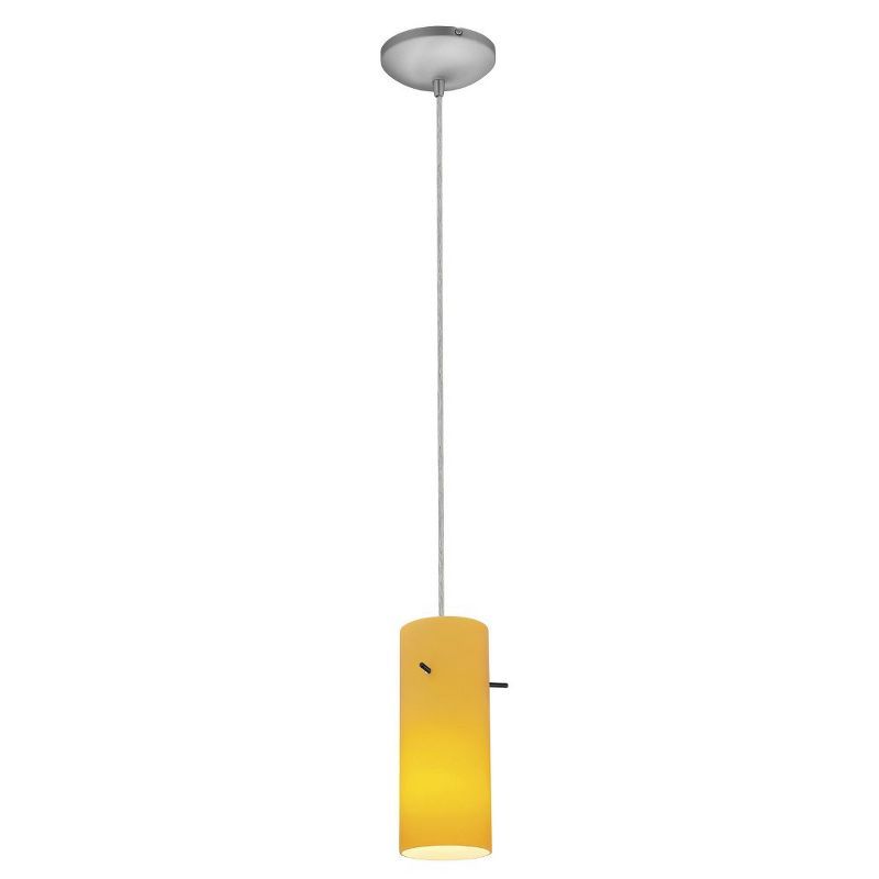 Amber Glass Cylinder LED Pendant Light in Brushed Steel