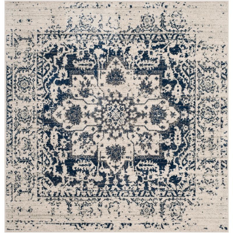 Ivory and Navy Synthetic Square Area Rug, 8' x 8'