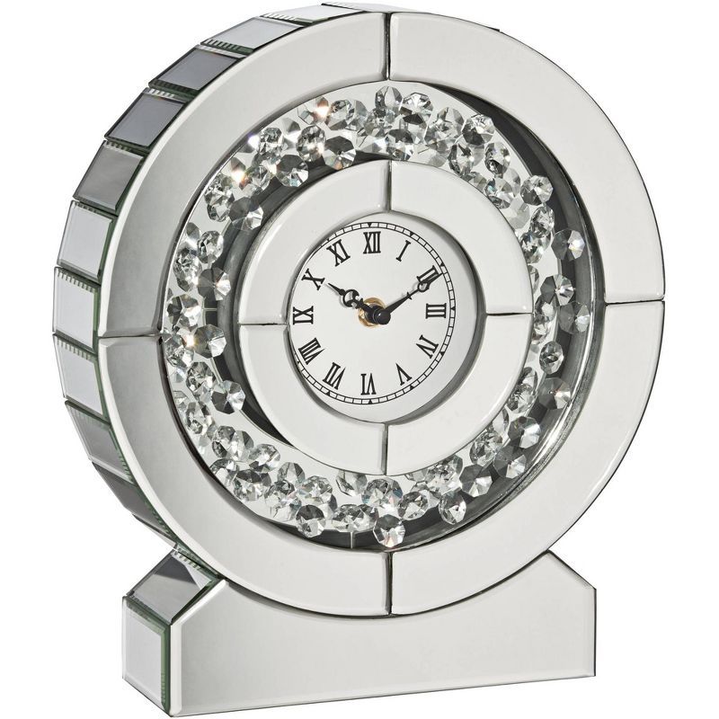 Mirrored Silver and Crystal Table Clock with Roman Numerals