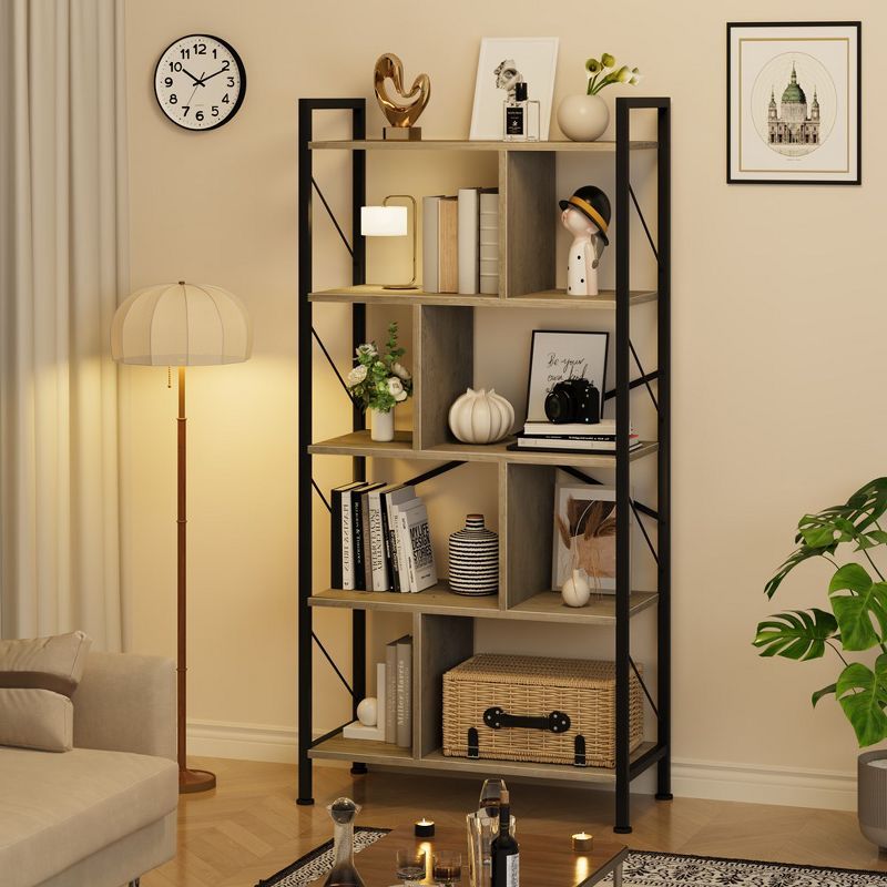 Gray 61 Inch Industrial 5-Tier Bookshelf with Metal Frame