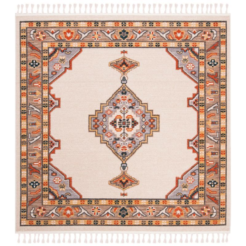 Grey and Cream Medallion Square Cotton Area Rug