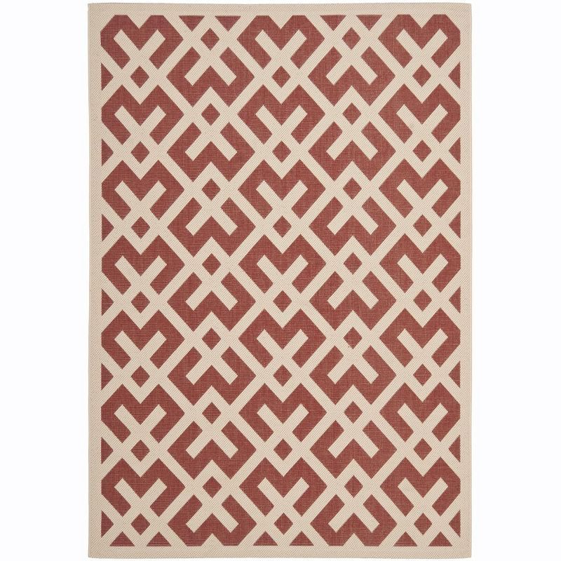 Red and Bone Geometric 4' x 5'7" Synthetic Indoor/Outdoor Rug