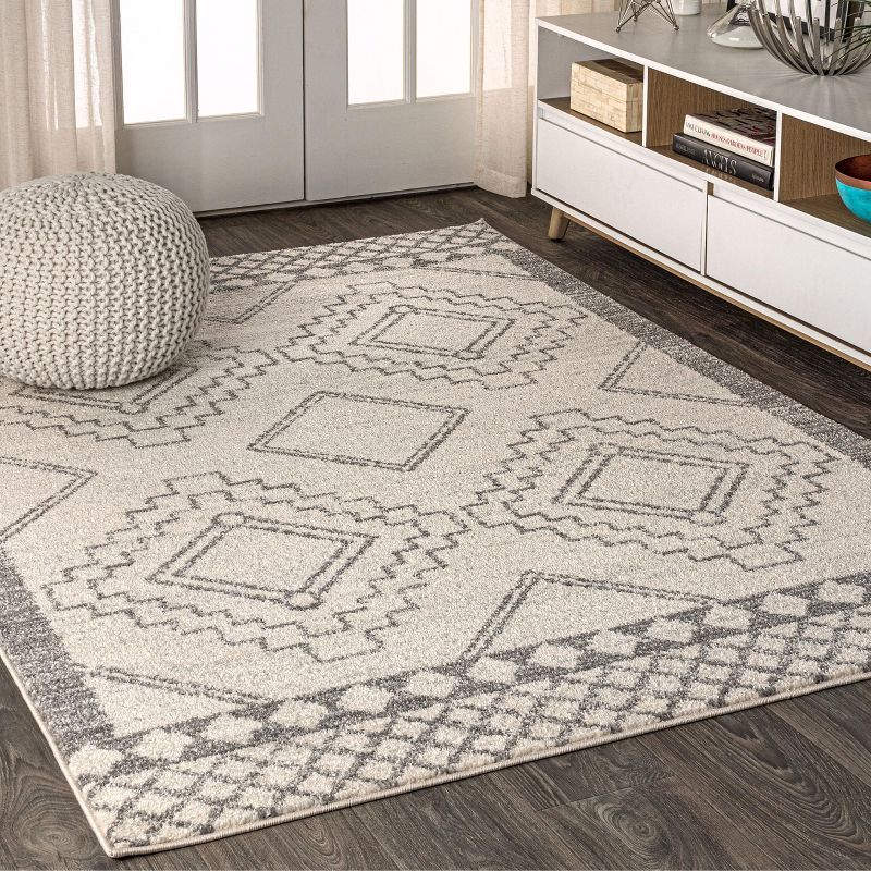 Cream and Gray Geometric Synthetic Square Area Rug