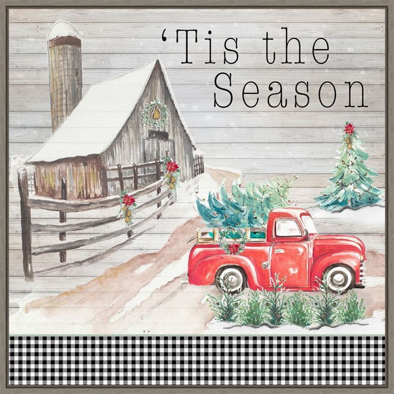 Christmas Red Truck and Barn Framed Canvas Wall Art