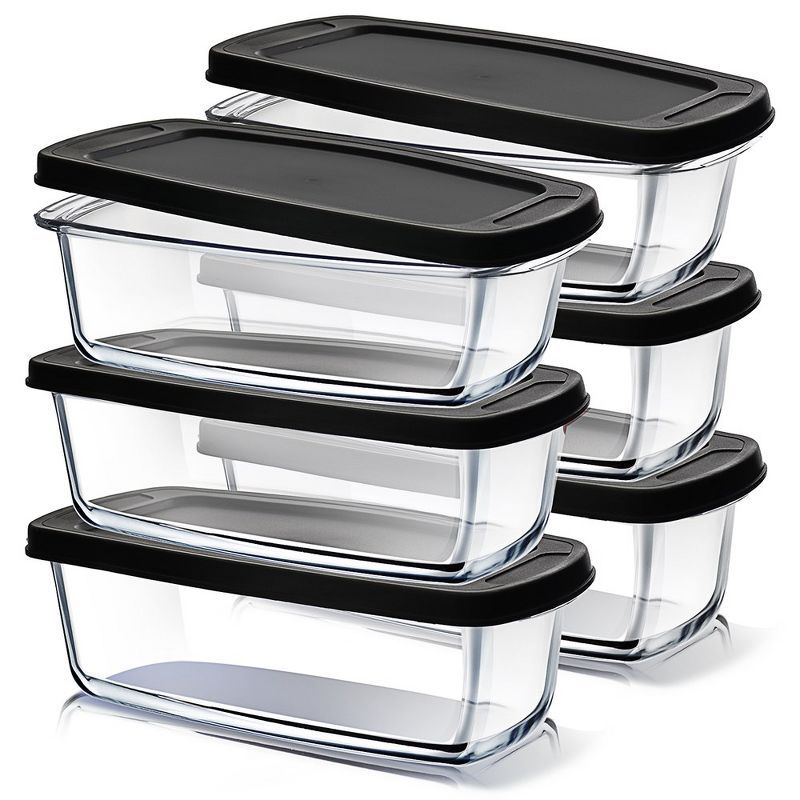 Black Rectangular Glass Food Storage Containers with Lids, Set of 6