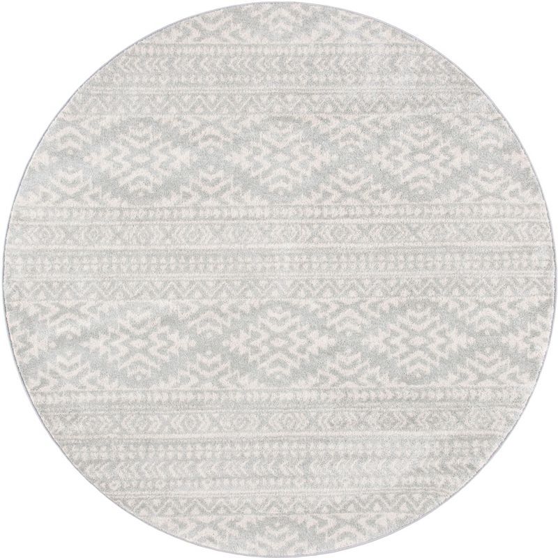 Ivory and Light Grey Round Geometric Synthetic Area Rug