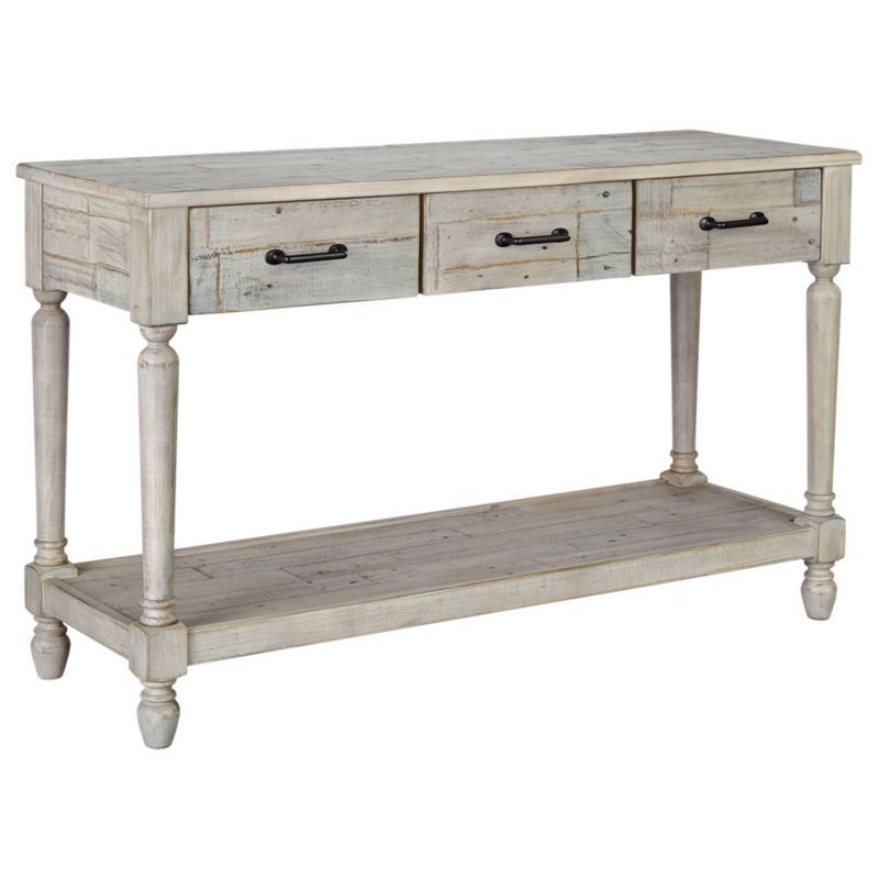 Whitewash Pine Wood Rectangular Console Table with Storage