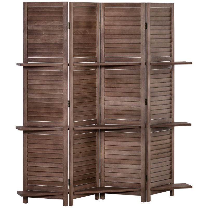 Dark Wood 4-Panel Folding Room Divider with Shelves