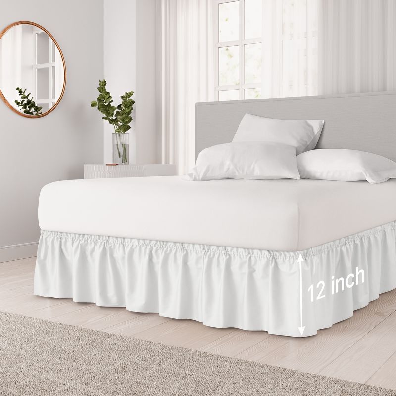 White Linen Queen Size Elastic Wrap-Around Bed Skirt
