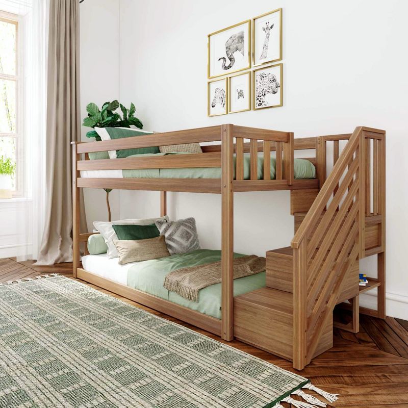 Pecan Pine Twin Over Twin Bunk Bed with Staircase and Storage