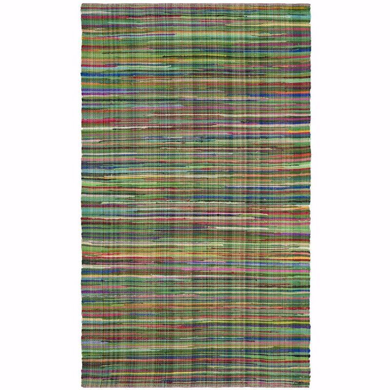 Green and Multicolor Handwoven Cotton Wool Striped Area Rug, 5' x 8'