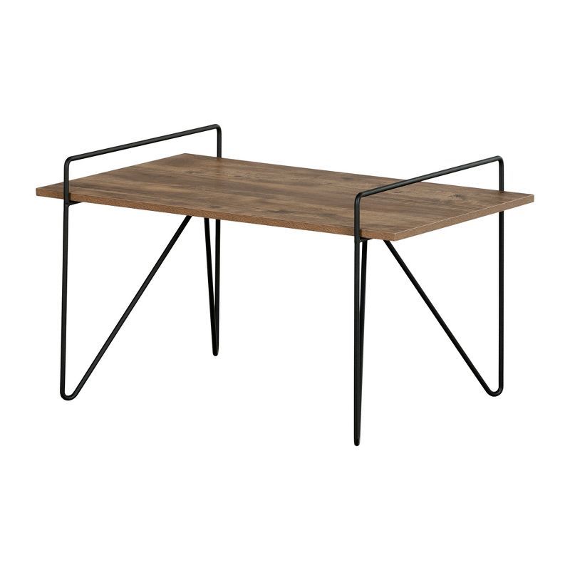 Brown Oak and Black Metal Rectangular Coffee Table