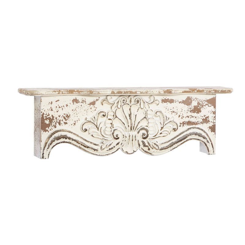 28" Rustic Cream and Brown Carved Wood Wall Shelf