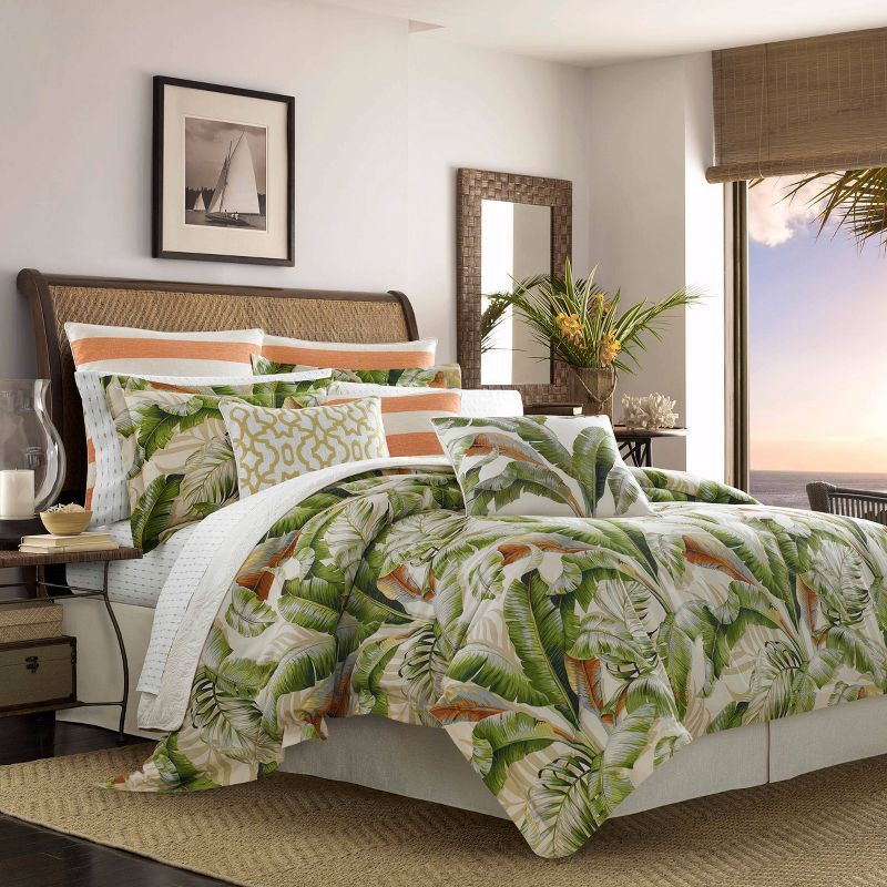 Ivory and Green Cotton King Comforter Set with Tropical Leaf Pattern