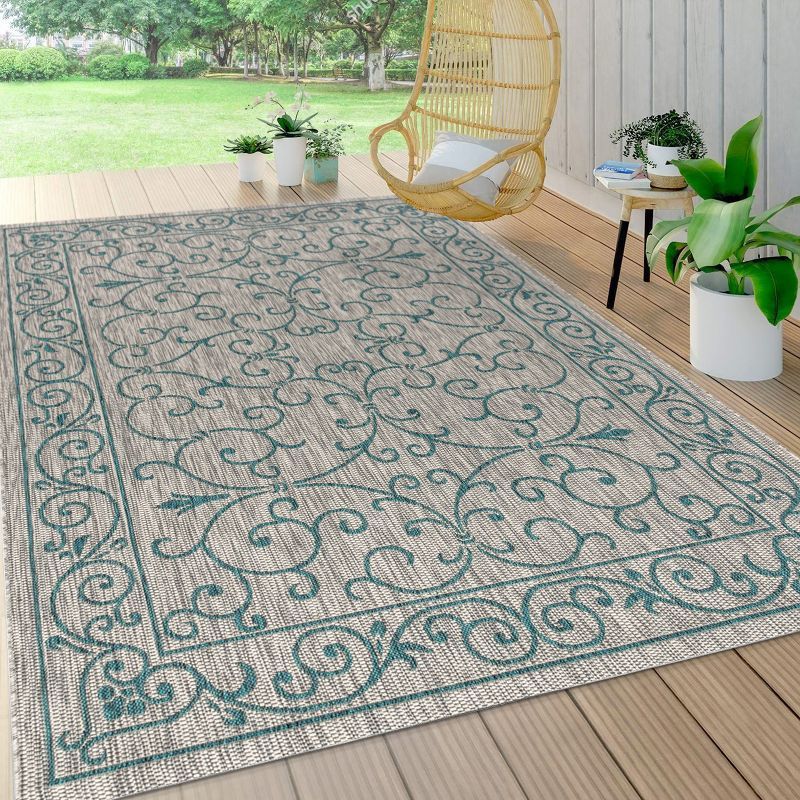 Boho-Chic Vintage Filigree Teal & Gray Synthetic Indoor/Outdoor Rug