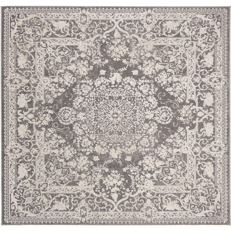 Gray Floral Square Synthetic Area Rug with Border Embellishment