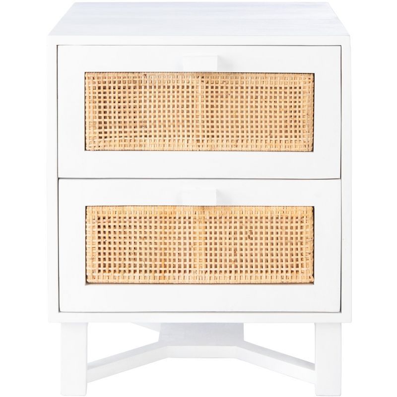 White and Natural Rattan 2-Drawer Nightstand