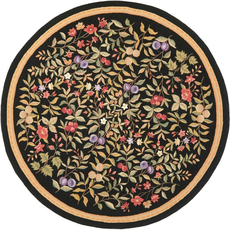 Black Floral Hand Hooked Wool Round Rug, 8'