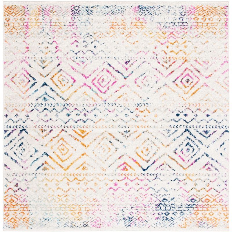 Ivory and Fuchsia Square Boho Chic Area Rug