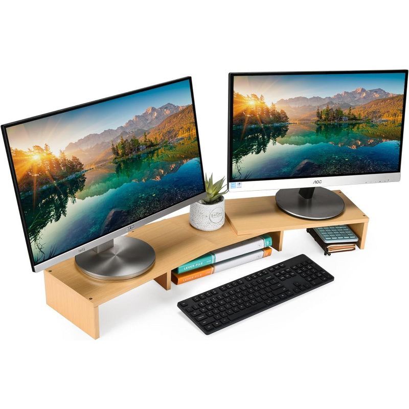 Adjustable Light Wood Dual Monitor Riser with Storage Shelf