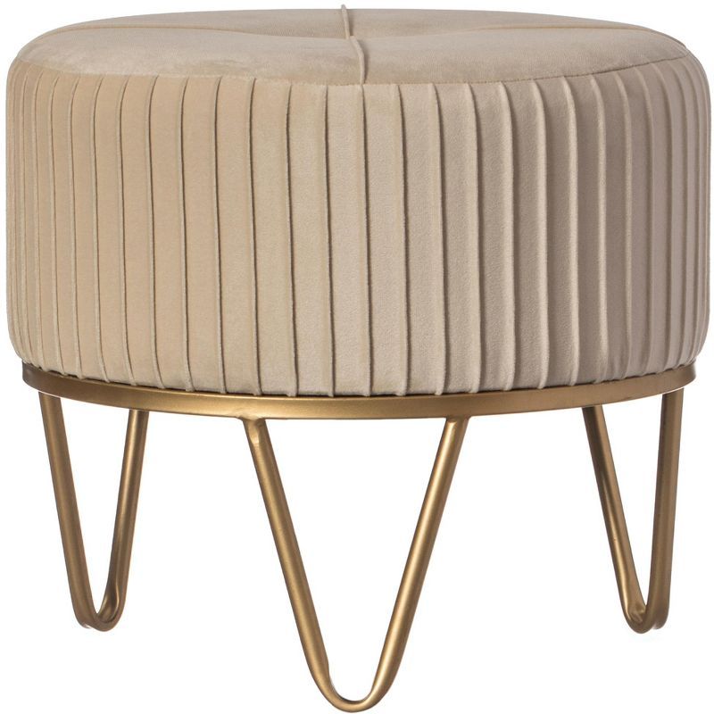 Small Cream Velvet Round Ottoman with Gold Hairpin Base