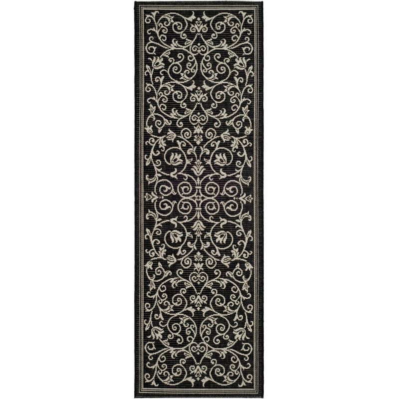 Courtyard Nanda Black and Sand Floral Indoor/Outdoor Runner Rug, 2'3" x 14'