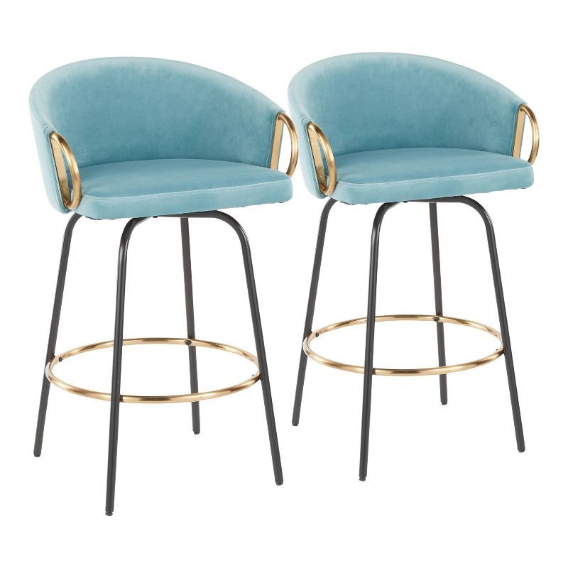 Claire Light Blue Velvet Swivel Counter Stools with Gold Accents